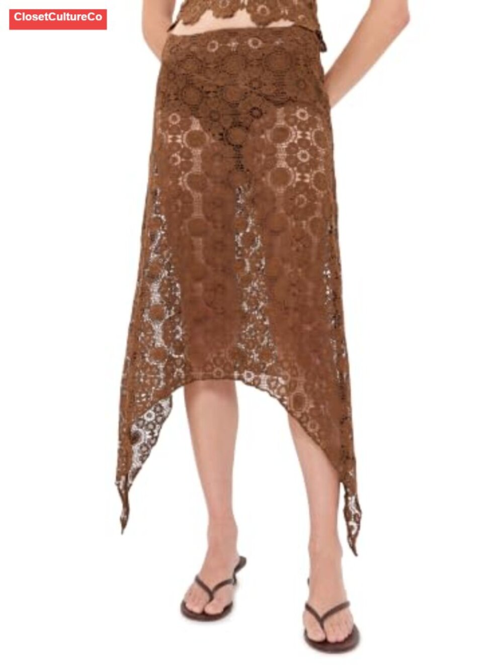 Lioness Crochet Lace Midi Skirt Handkerchief Hem High Rise